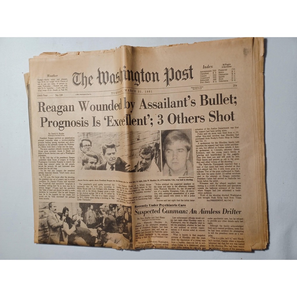 Vintage 1981 Washington Post Reagan Assassination Attempt Newspaper March 31